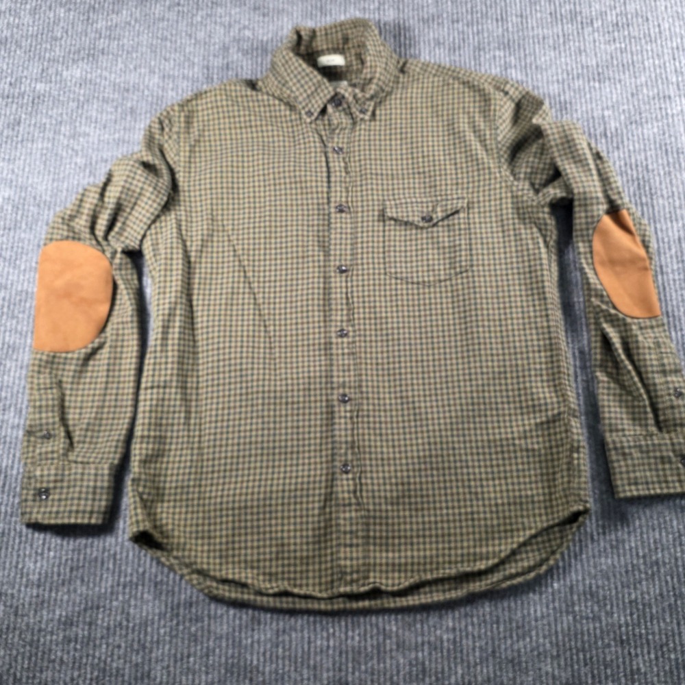 J.Crew Slim Fit Flannel Shirt Mens Large Olive Green Plaid‎ Elbow Patches